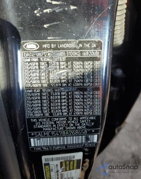 2008 Land Rover Range Rover Hse z USA, uszkodzony, nr VIN SALME15478A268658